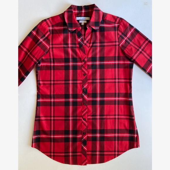 NEW Red Plaid Shirt Tunic Size 6 Foxcroft Holiday Tartan Wrinkle-Free Shaped Fit - Picture 5 of 12